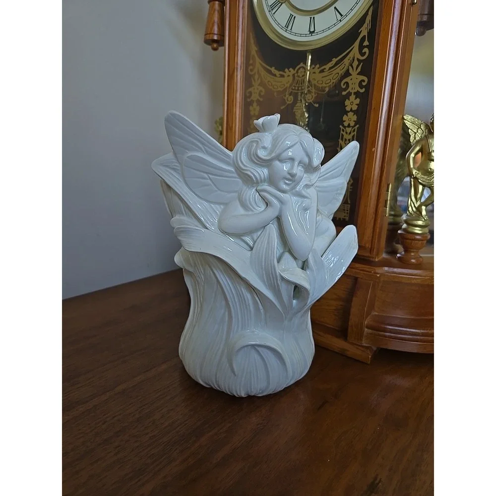 Fitz and Floyd Fairy Collection Vase Art Nouveau White Ceramic Mythical 8.5